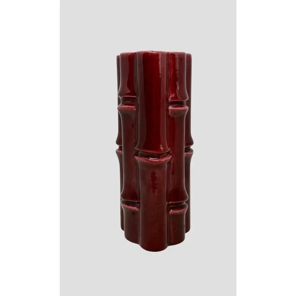 Red Wing USA Burgundy Bamboo Ceramic 7.5” Tall Vase #400 Light Grey interior VTG